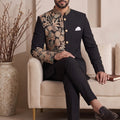 Stylish Black Wedding Jodhpuri Suit for Men with Floral Embroidery Work