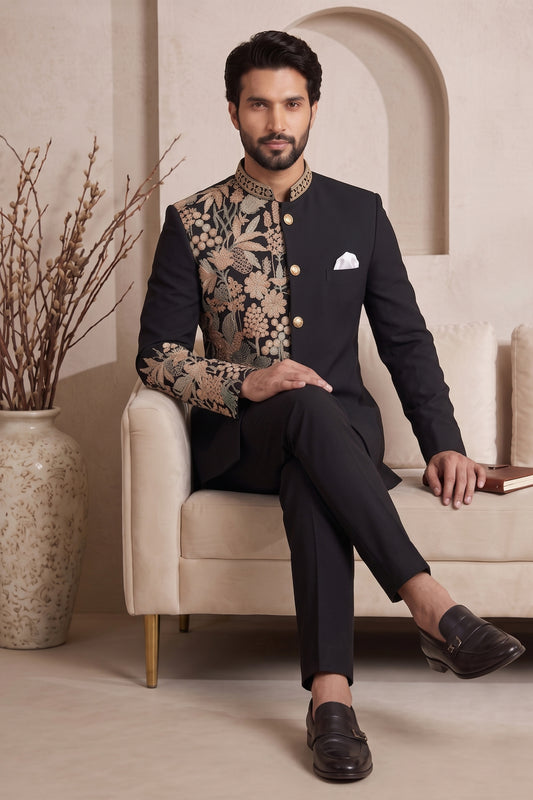 Stylish Black Wedding Jodhpuri Suit for Men with Floral Embroidery Work