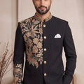 Stylish Black Wedding Jodhpuri Suit for Men with Floral Embroidery Work