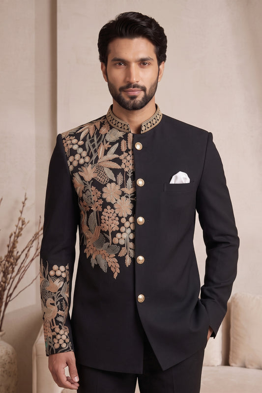 Stylish Black Wedding Jodhpuri Suit for Men with Floral Embroidery Work