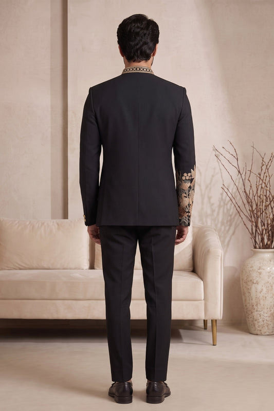 Stylish Black Wedding Jodhpuri Suit for Men with Floral Embroidery Work