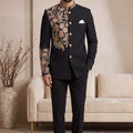 Stylish Black Wedding Jodhpuri Suit for Men with Floral Embroidery Work