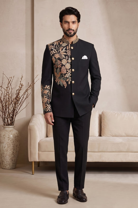 Stylish Black Wedding Jodhpuri Suit for Men with Floral Embroidery Work