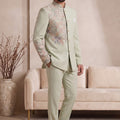 Handsome Pista Green Wedding Jodhpuri Suit for Men with Floral Embroidery Work