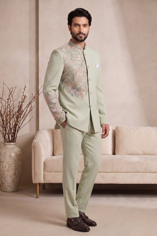 Handsome Pista Green Wedding Jodhpuri Suit for Men with Floral Embroidery Work