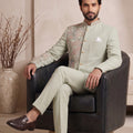 Handsome Pista Green Wedding Jodhpuri Suit for Men with Floral Embroidery Work