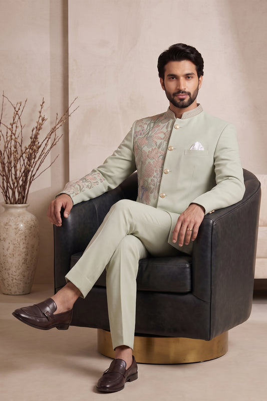 Handsome Pista Green Wedding Jodhpuri Suit for Men with Floral Embroidery Work