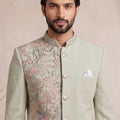Handsome Pista Green Wedding Jodhpuri Suit for Men with Floral Embroidery Work