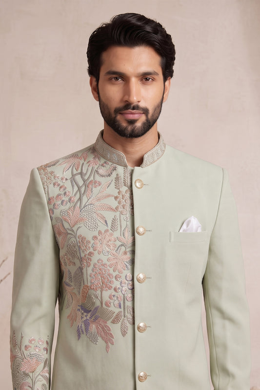 Handsome Pista Green Wedding Jodhpuri Suit for Men with Floral Embroidery Work