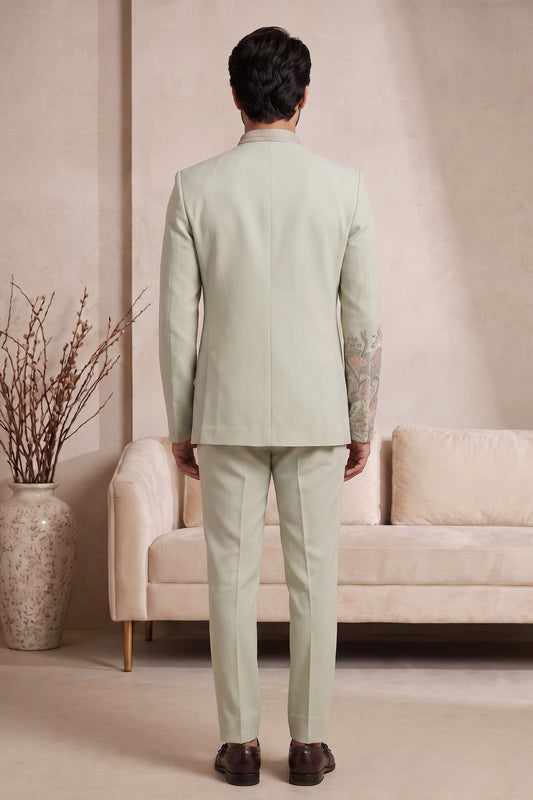 Handsome Pista Green Wedding Jodhpuri Suit for Men with Floral Embroidery Work