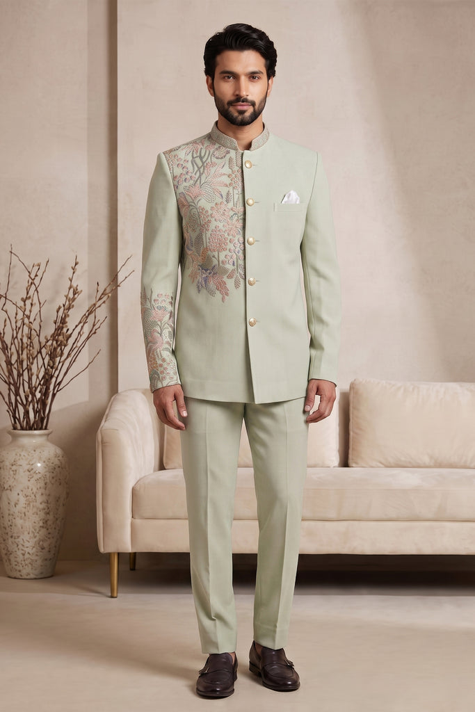 Handsome Pista Green Wedding Jodhpuri Suit for Men with Floral Embroidery Work