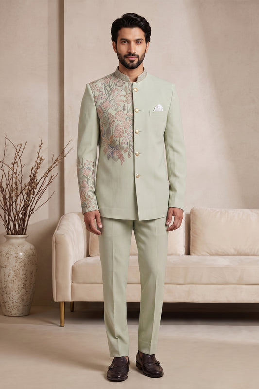 Handsome Pista Green Wedding Jodhpuri Suit for Men with Floral Embroidery Work
