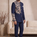 Royal Navy Blue Wedding Jodhpuri Suit for Men with Floral Embroidery Work