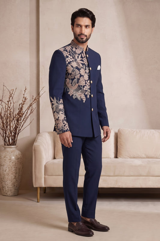 Royal Navy Blue Wedding Jodhpuri Suit for Men with Floral Embroidery Work