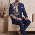 Royal Navy Blue Wedding Jodhpuri Suit for Men with Floral Embroidery Work