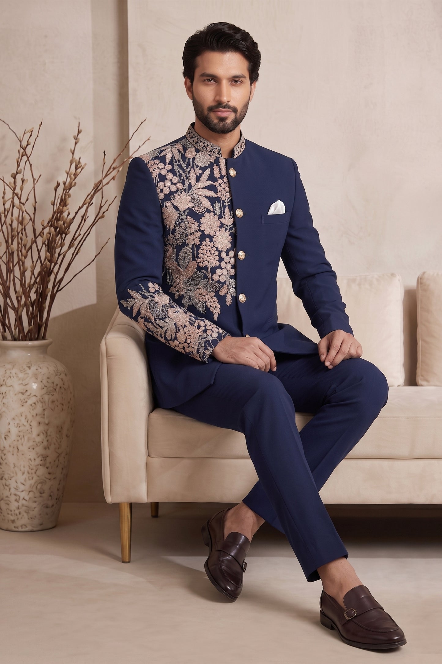 Royal Navy Blue Wedding Jodhpuri Suit for Men with Floral Embroidery Work