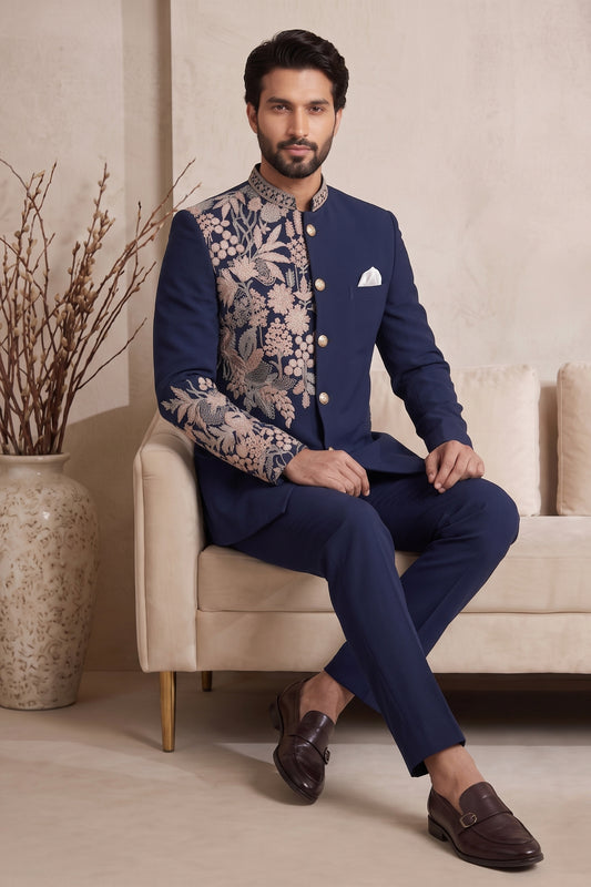 Royal Navy Blue Wedding Jodhpuri Suit for Men with Floral Embroidery Work