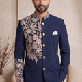 Royal Navy Blue Wedding Jodhpuri Suit for Men with Floral Embroidery Work