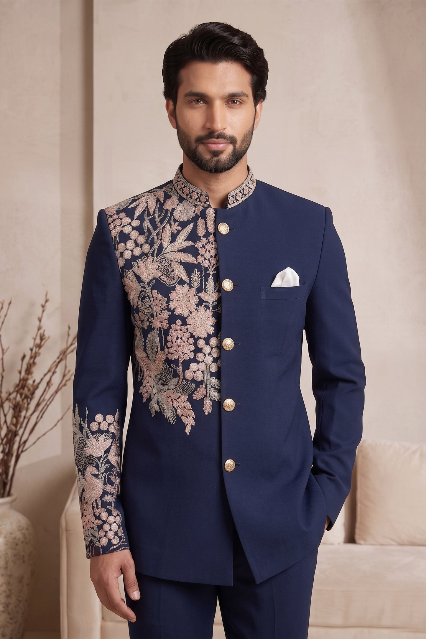 Royal Navy Blue Wedding Jodhpuri Suit for Men with Floral Embroidery Work