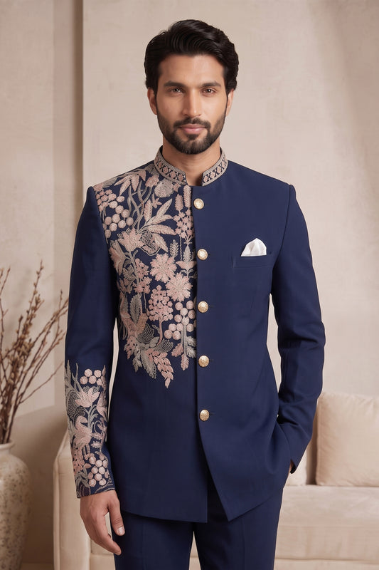 Royal Navy Blue Wedding Jodhpuri Suit for Men with Floral Embroidery Work