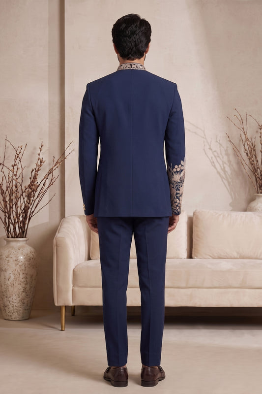 Royal Navy Blue Wedding Jodhpuri Suit for Men with Floral Embroidery Work