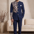 Royal Navy Blue Wedding Jodhpuri Suit for Men with Floral Embroidery Work