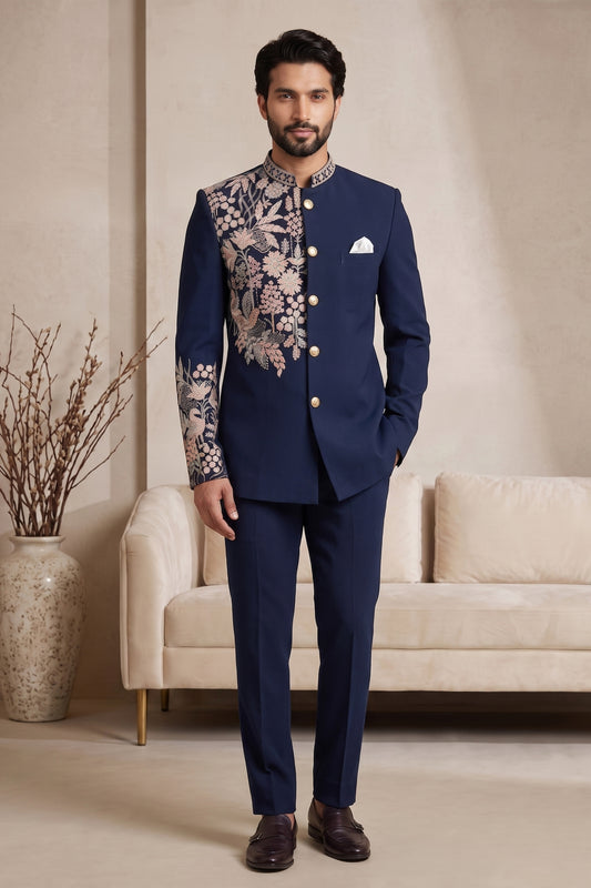 Royal Navy Blue Wedding Jodhpuri Suit for Men with Floral Embroidery Work