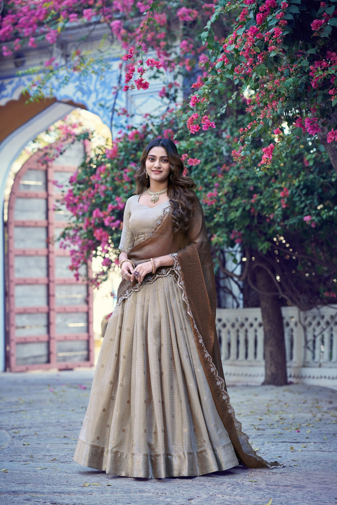 Elegant Beige Chinon Designer Lehenga Choli with Zari Weaving Work for Women