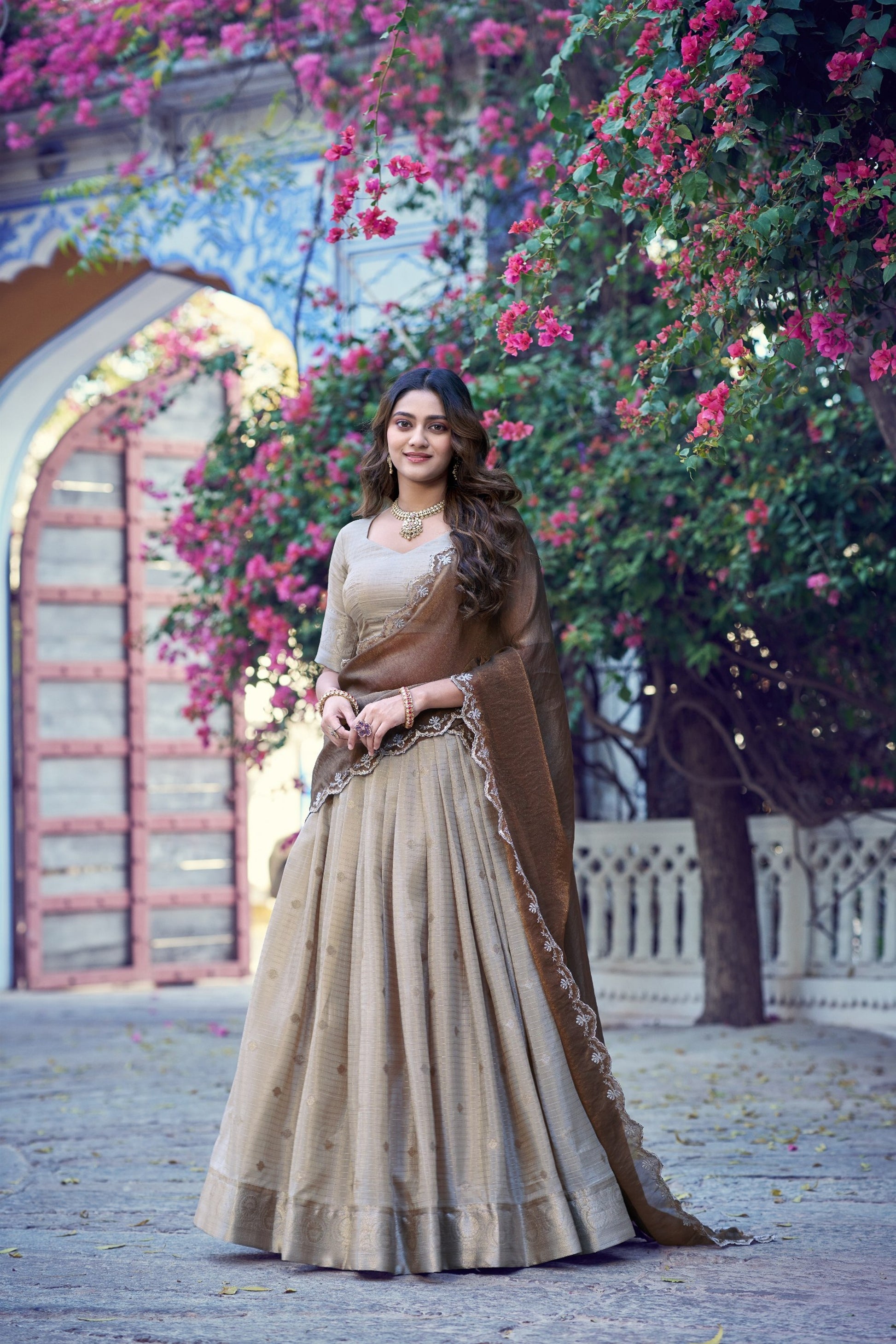Elegant Beige Chinon Designer Lehenga Choli with Zari Weaving Work for Women