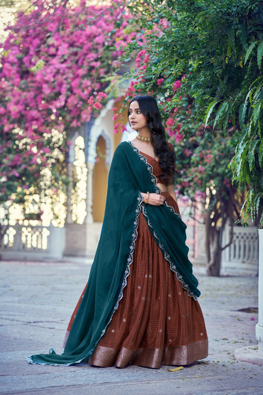 Beautiful Rust Brown Chinon Designer Lehenga Choli with Zari Weaving Work for Women