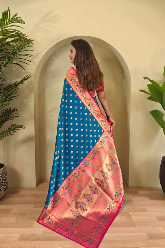 Royal Peacock Blue Paithani Silk Saree with Zari Weaving Work for Women