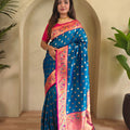 Royal Peacock Blue Paithani Silk Saree with Zari Weaving Work for Women