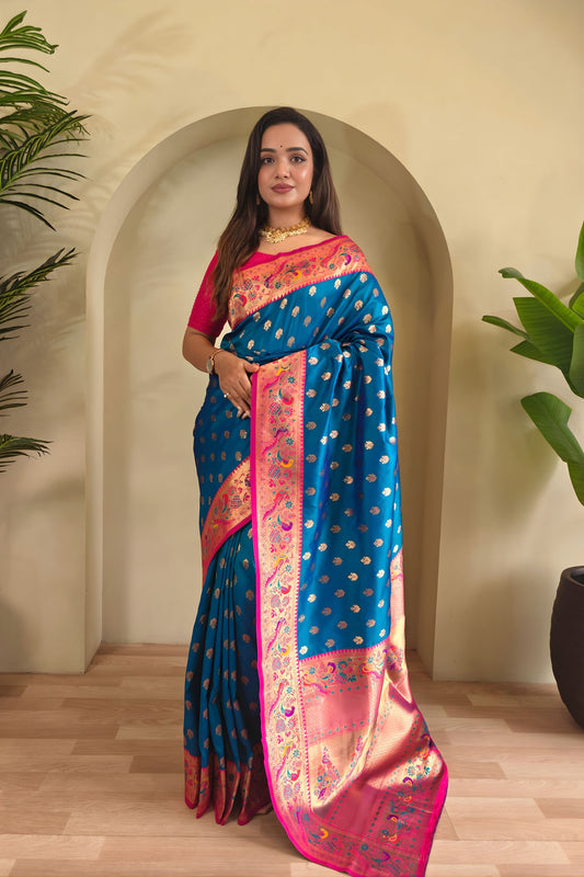Royal Peacock Blue Paithani Silk Saree with Zari Weaving Work for Women