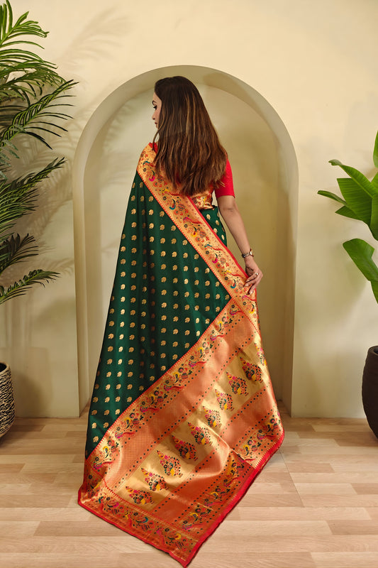 Royal Bottle Green Paithani Silk Saree with Zari Weaving Work for Women