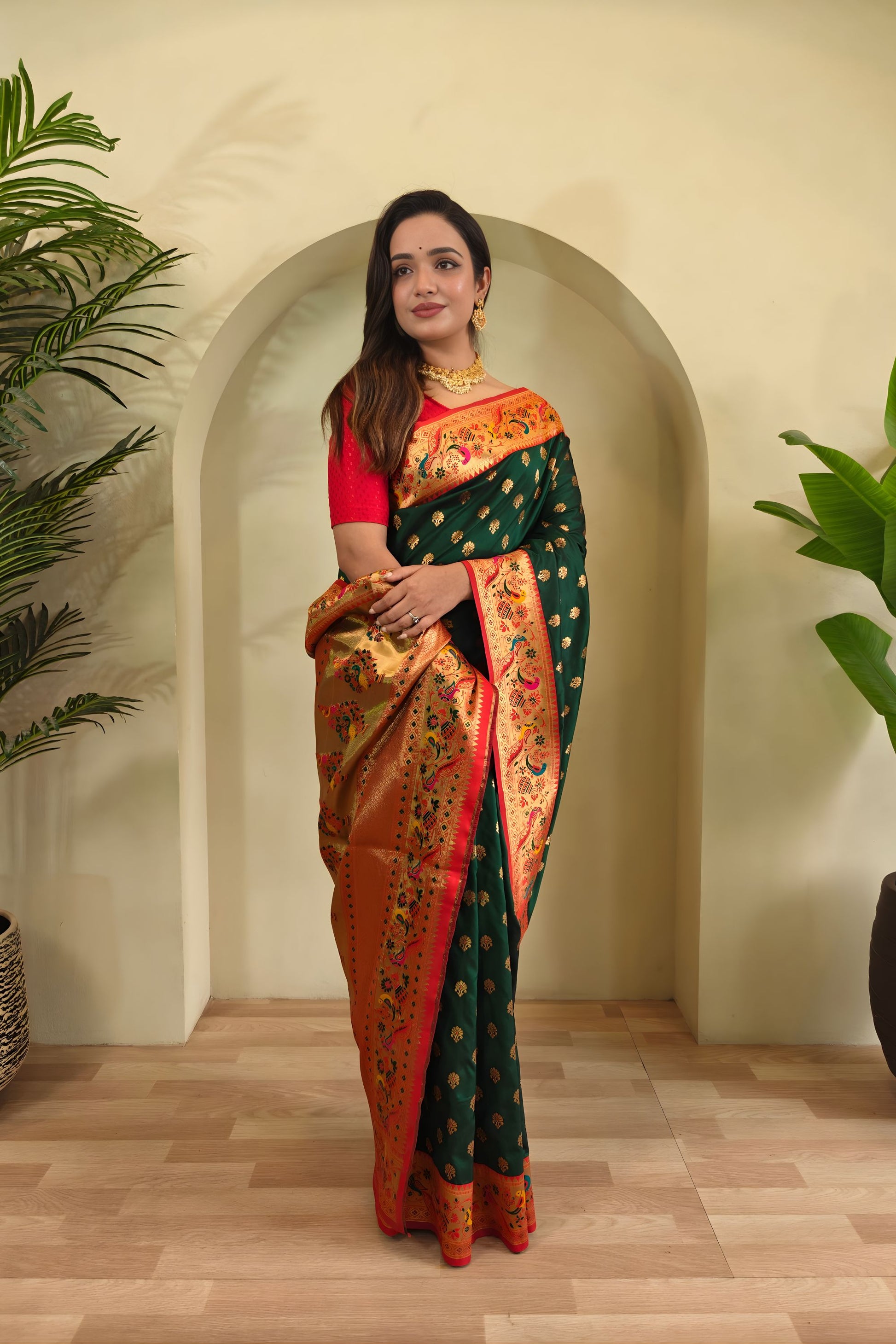 Royal Bottle Green Paithani Silk Saree with Zari Weaving Work for Women