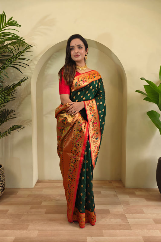 Royal Bottle Green Paithani Silk Saree with Zari Weaving Work for Women