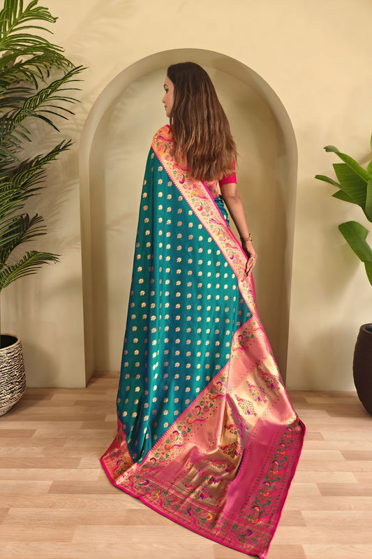Royal Teal Blue Paithani Silk Saree  Zari Weaving Work for Women