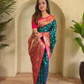 Royal Teal Blue Paithani Silk Saree  Zari Weaving Work for Women