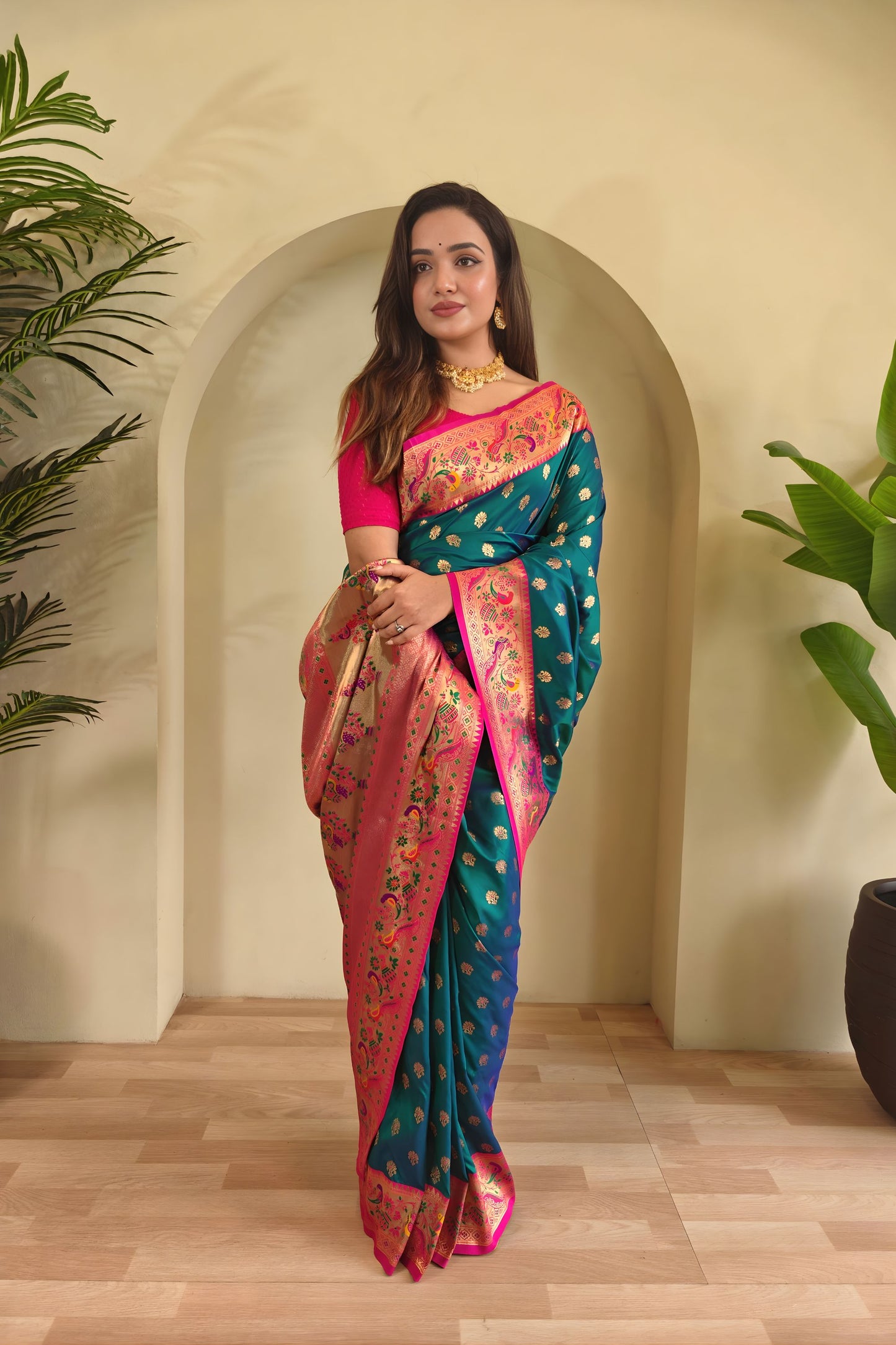 Royal Teal Blue Paithani Silk Saree  Zari Weaving Work for Women