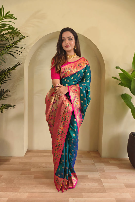 Royal Teal Blue Paithani Silk Saree  Zari Weaving Work for Women