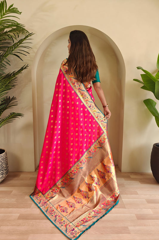 Beautiful Rani Pink Paithani Silk Saree Zari Weaving Work for Women