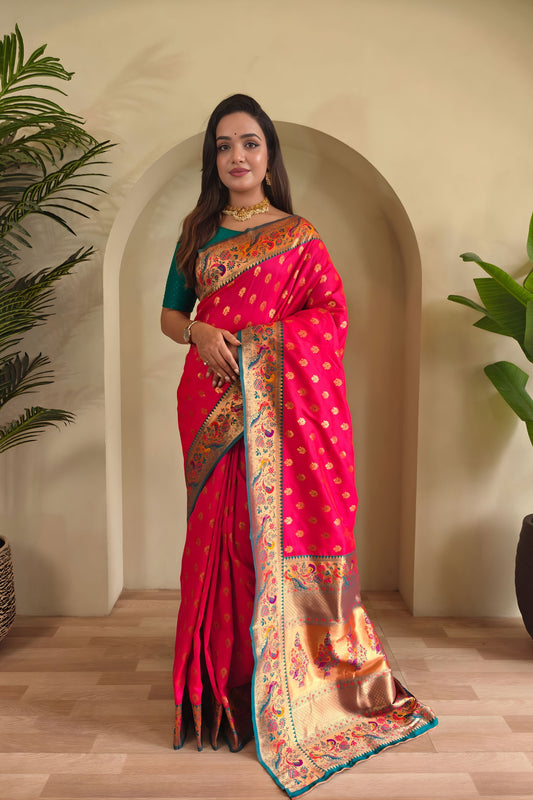 Beautiful Rani Pink Paithani Silk Saree Zari Weaving Work for Women