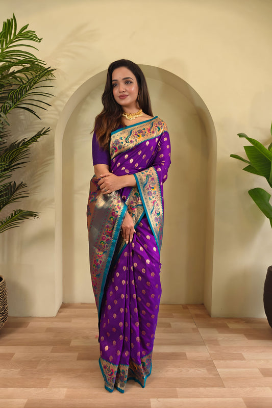 Stylish Purple Paithani Silk Saree with Zari Weaving Work for Women
