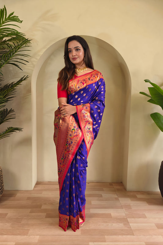 Royal Blue Paithani Silk Saree with Zari Weaving Work for Women