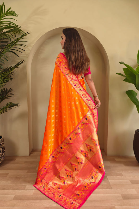 Vibrant Orange Paithani Silk Saree with Zari Weaving Work for Women