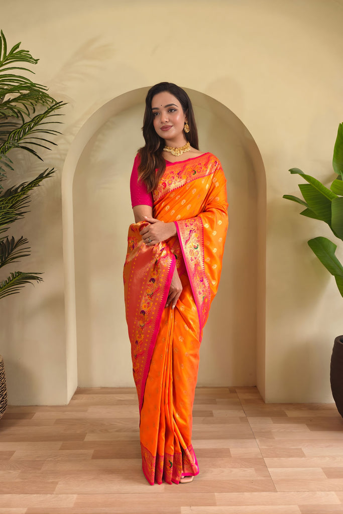 Vibrant Orange Paithani Silk Saree with Zari Weaving Work for Women
