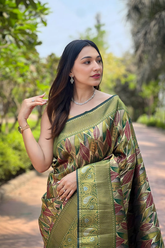 Premium Olive Green Kanchipattu Silk Weaving Work Saree for Women