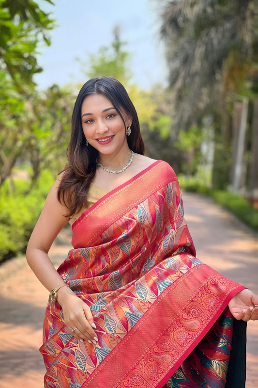 Elegant Coral Pink Kanchipattu Silk Weaving Work Saree for Women