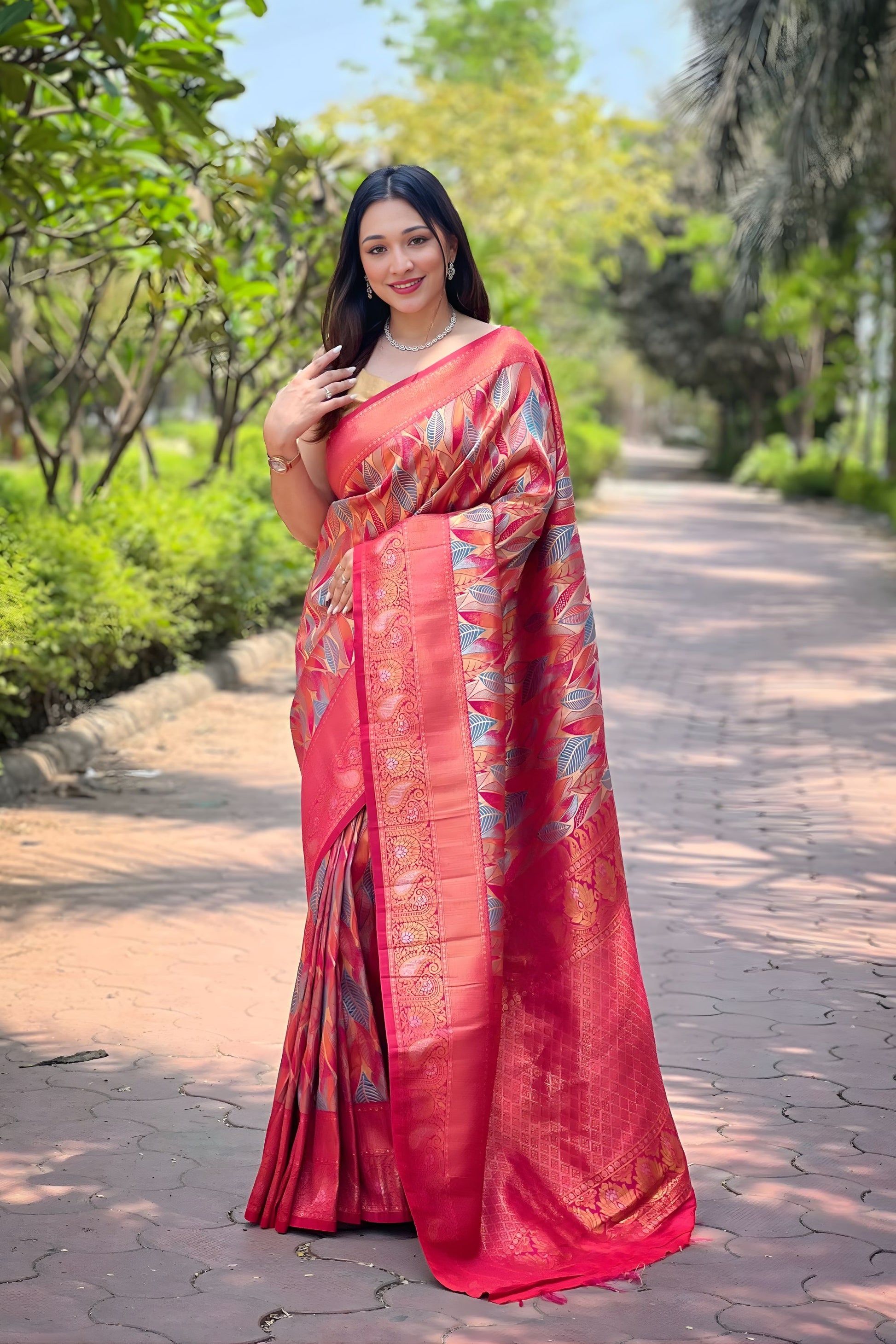 Elegant Coral Pink Kanchipattu Silk Weaving Work Saree for Women