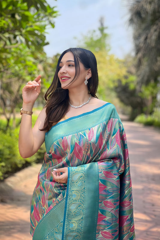 Super Aqua Blue Kanchipattu Silk Weaving Work Saree for Women